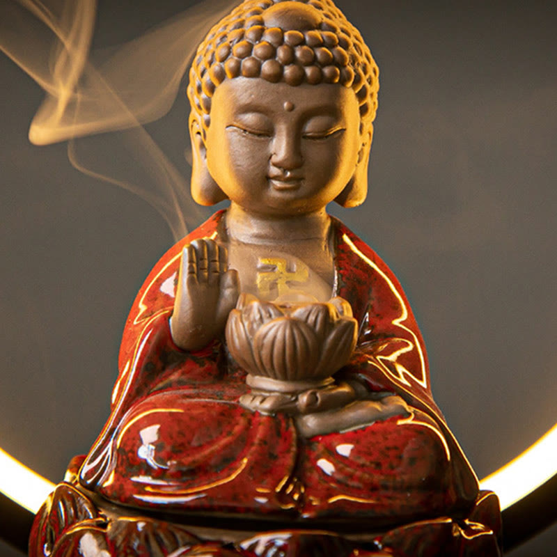 Buddha Lotus Rückfluss-Räuchergefäß aus Keramik mit Licht