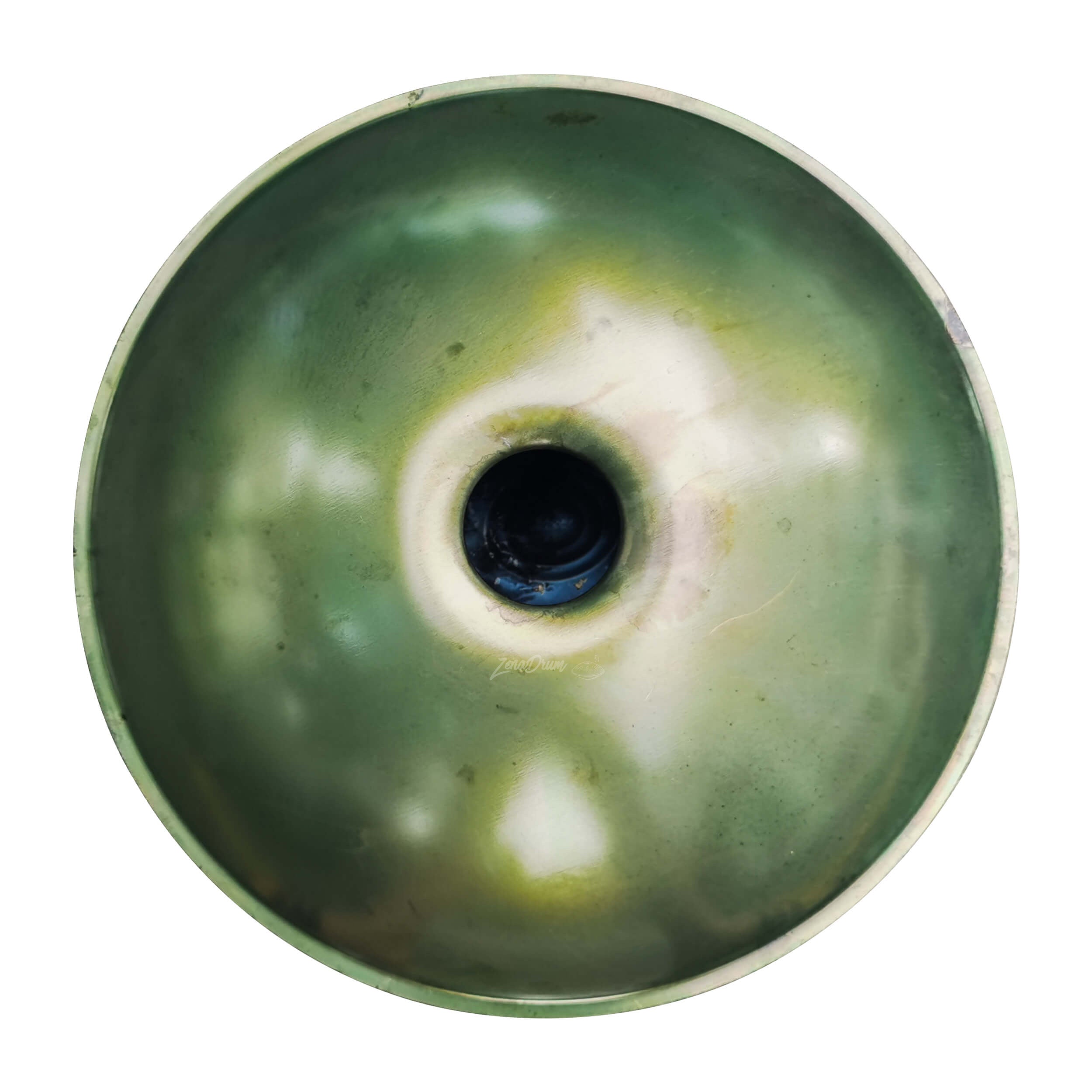 Green ceramic donut-shaped C Major Handpan Drum with dark center hole for sale