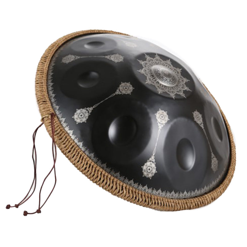 Black C Major Handpan Drum with mandala patterns and woven rim edging for sale