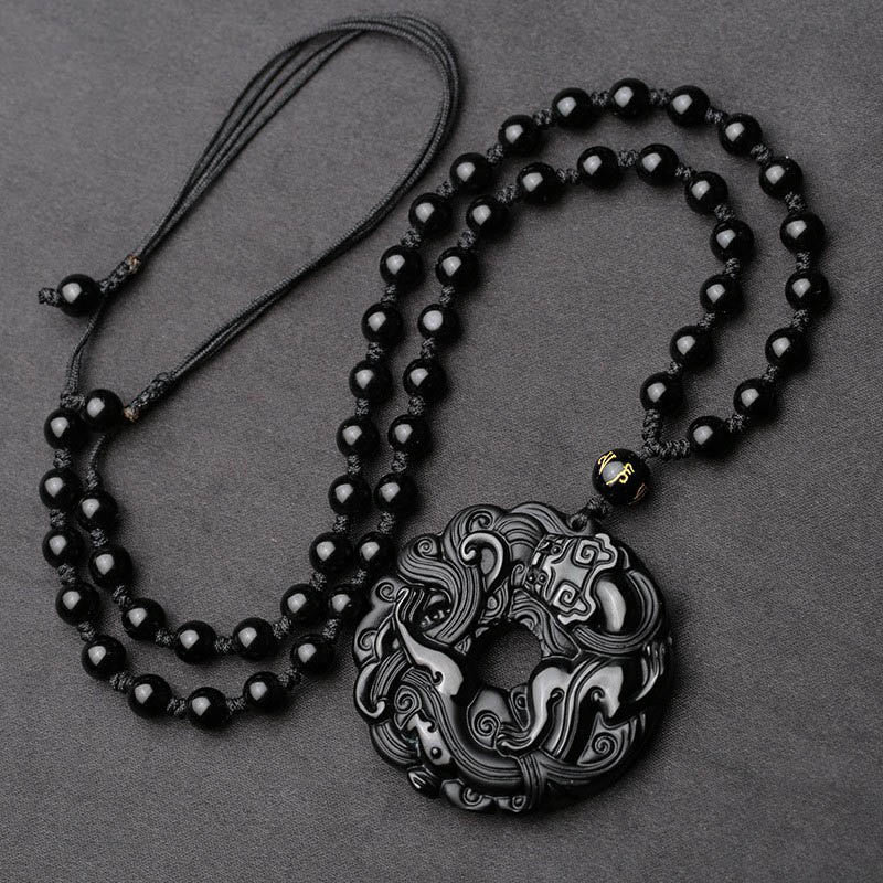 Black Obsidian Peace Buckle Pixiu Protection Necklace