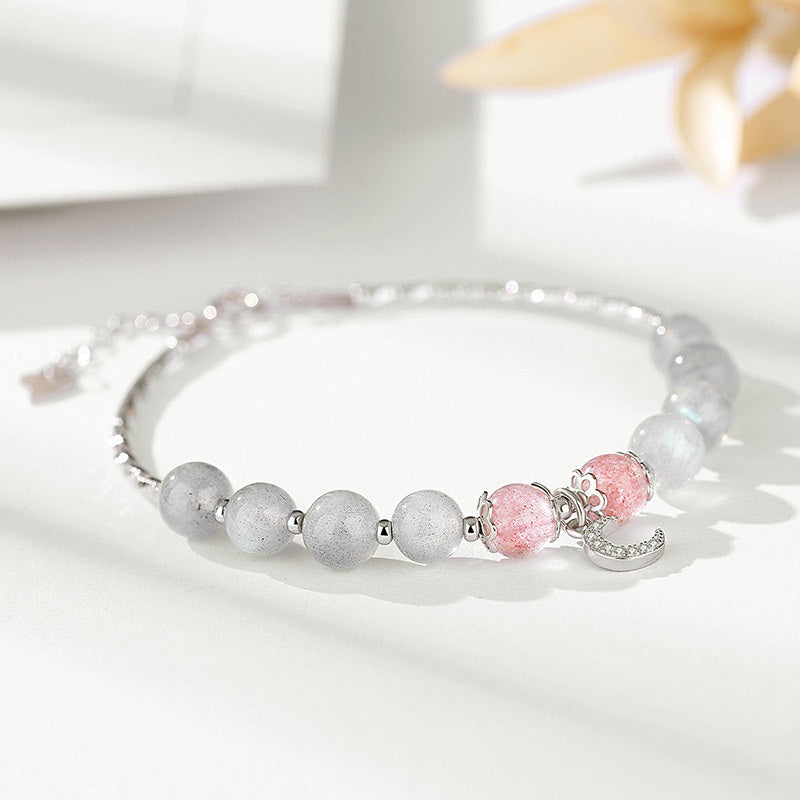 Strawberry Quartz & Moonstone Luck Moon Charm Bracelet