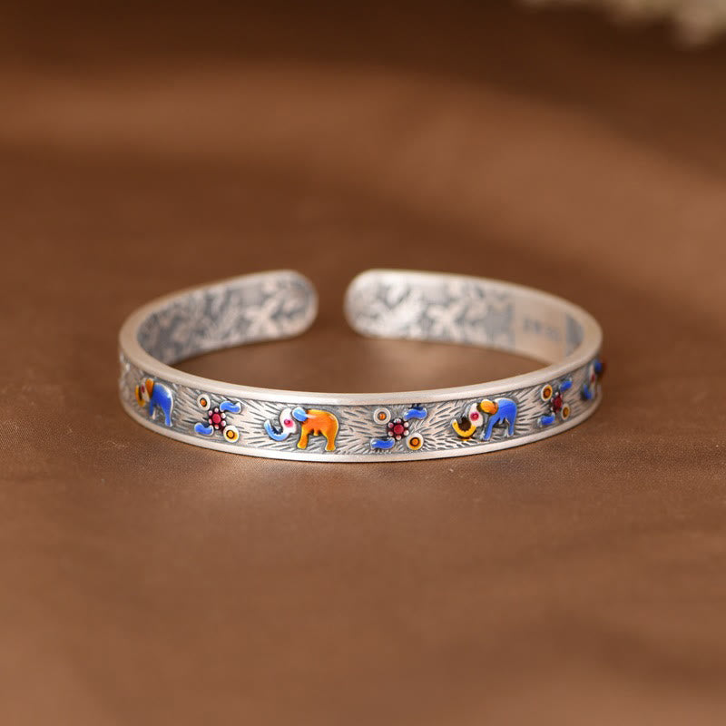 999 Sterling Silver Elephant Strength Wisdom Bracelet Cuff