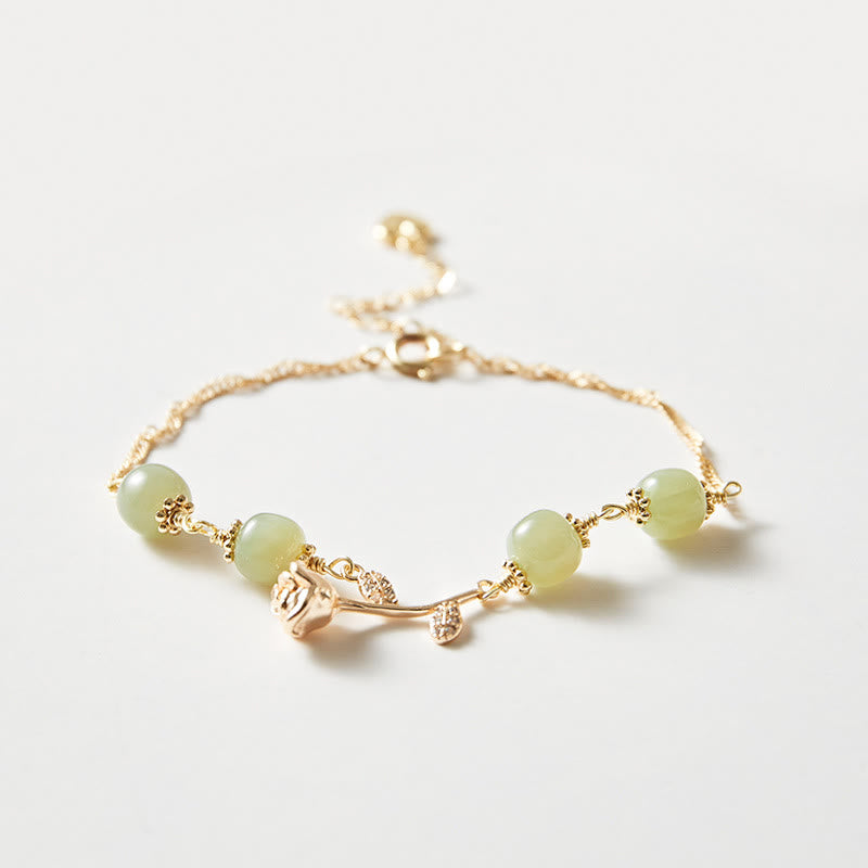 Glückskettenarmband aus Hetian-Jade, 14 Karat vergoldet