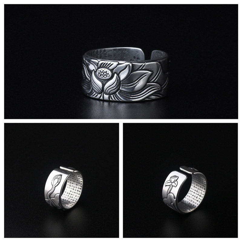 Verstellbarer Lotus-Erleuchtungsring aus weißem Kupfer, Unisex