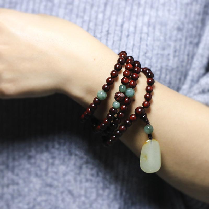 6 mm kleines Blatt-Mala-Armband aus rotem Sandelholz und Jadeholz für Meditation