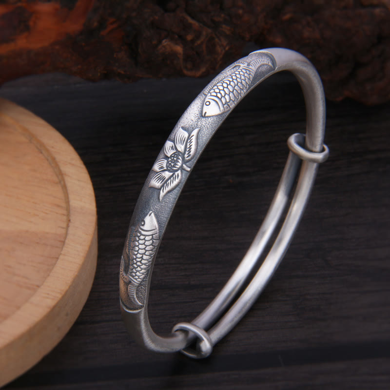 Sterling Silver Koi Fish Lotus Luck Bracelet Adjustable