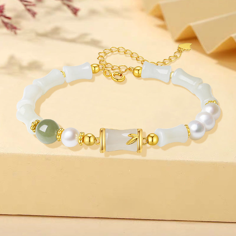 Hetian White Jade Armband | Sterling Silber Bambus Glückssegen