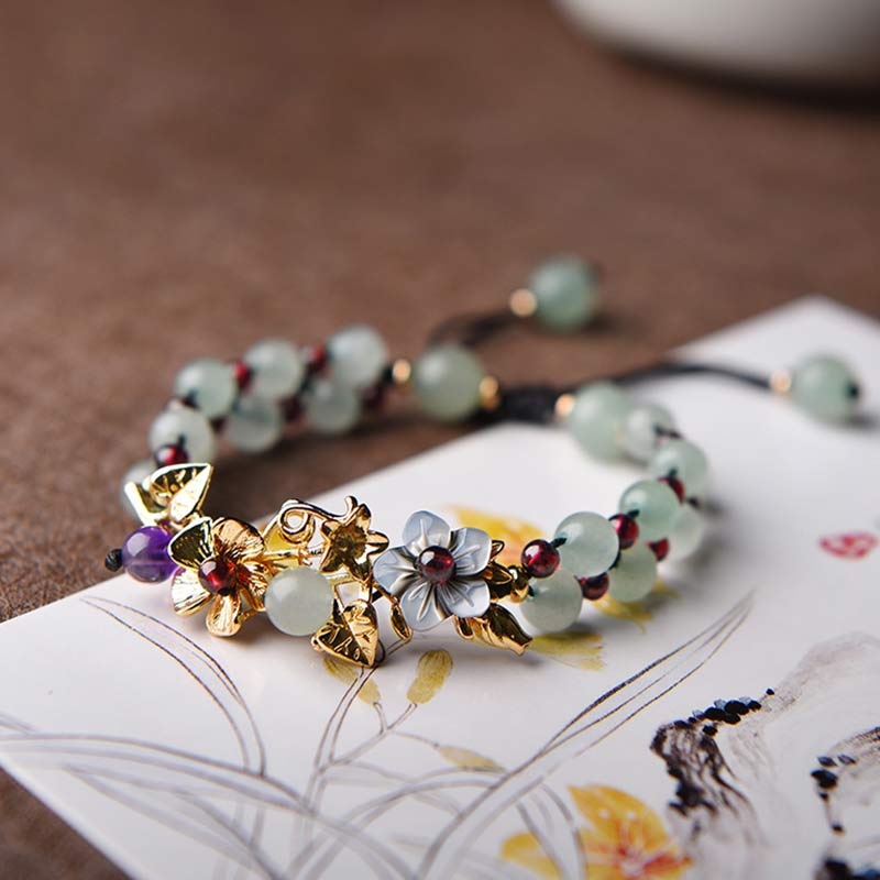 Green Aventurine & Garnet Luck Bracelet with Flower Petals