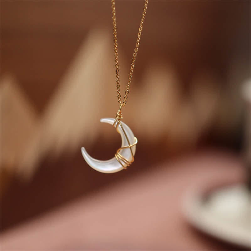 Tridacna Stone Crescent Moon Spiritual Necklace Pendant