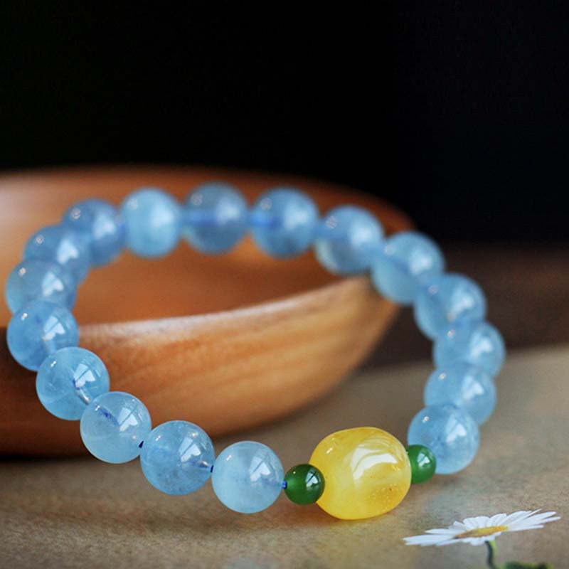 Natural Aquamarine Amber Serenity Healing Bracelet 8mm