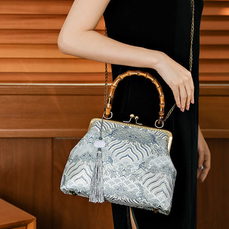 Umhängetasche mit Bambusgriff in Silberlinien, 26 cm