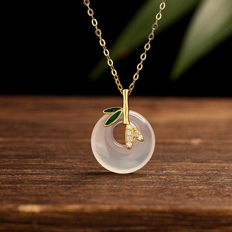 Natural Chalcedony Silver Spiritual Necklace with Bamboo Peace Buckle
