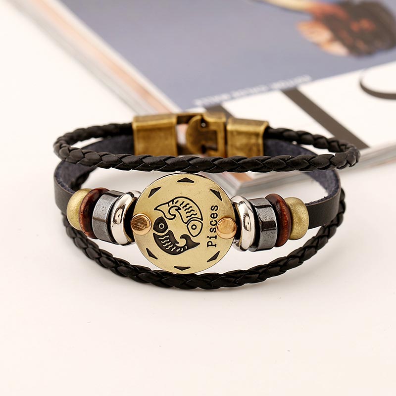 12 Sternbilder Zodiac Hämatit Leder Charm Armband