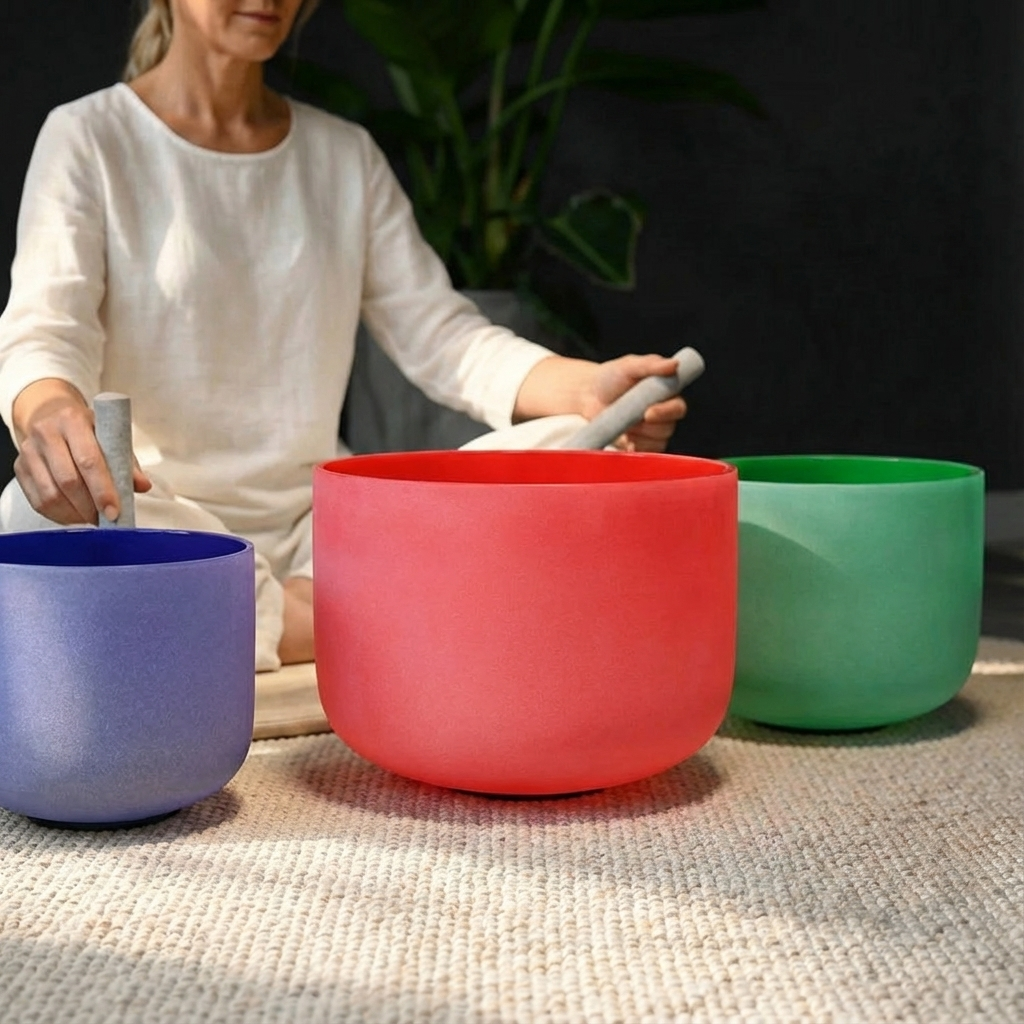 Farbenfrohes Klangschalen-Set aus Quarzkristall, 8", 10", 12"