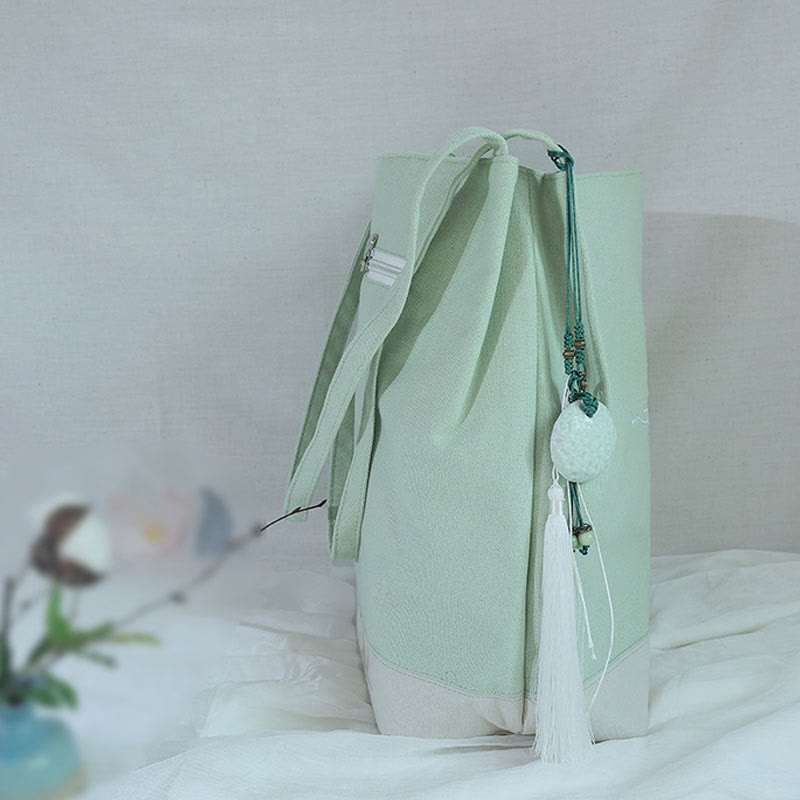 Canvas-Tragetasche mit Blumenkranich- und Pflaumenblüten-Stickerei