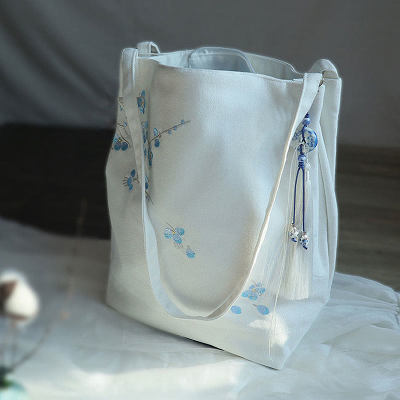 Canvas-Tragetasche mit Blumenkranich- und Pflaumenblüten-Stickerei