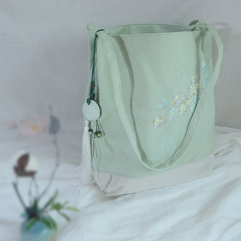 Canvas-Tragetasche mit Blumenkranich- und Pflaumenblüten-Stickerei