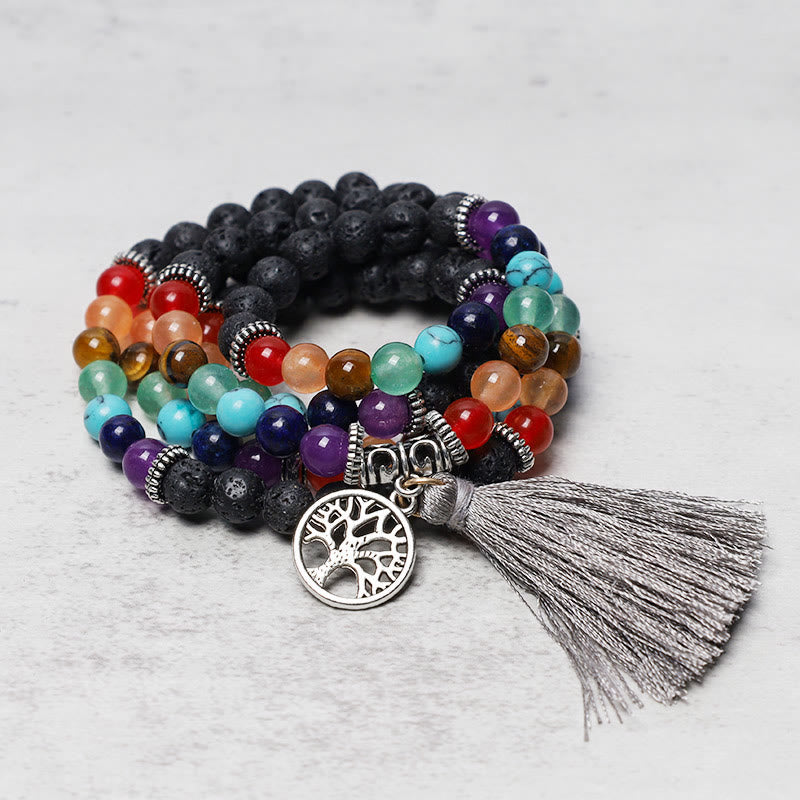 Unisex 108 Perlen Mala Halskette mit Amethyst & Tigerauge Heilperlen