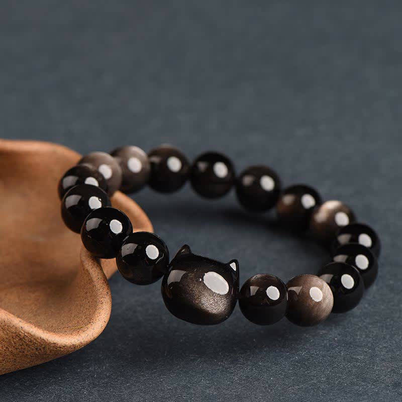 Gold Sheen Obsidian Lucky Cat Protection Bracelet 8mm