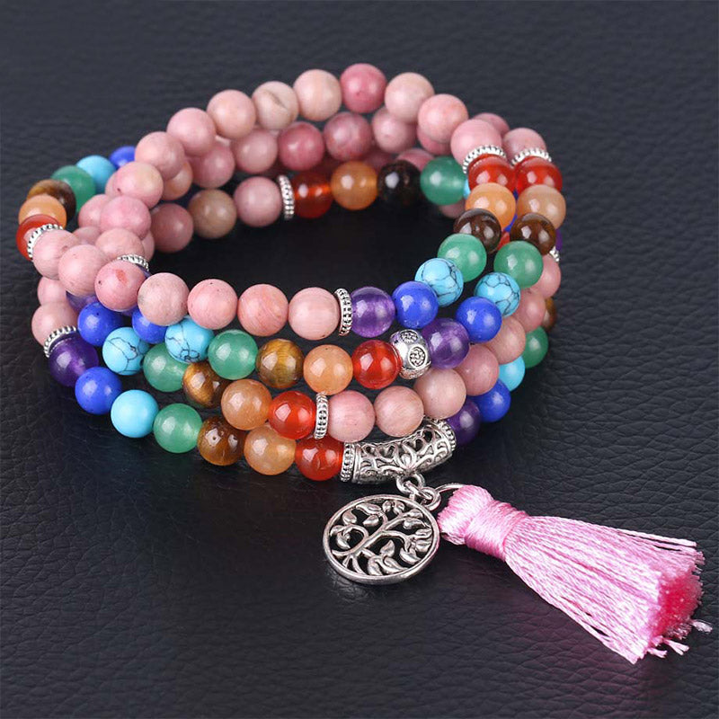 108 Bead Mala Bracelet with Rhodonite and Lazulite Beads