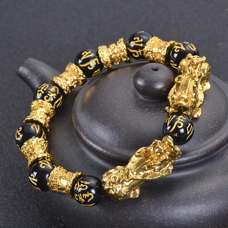 Unisex-Reichtumsarmband mit doppeltem Pixiu-Obsidian, 12 mm