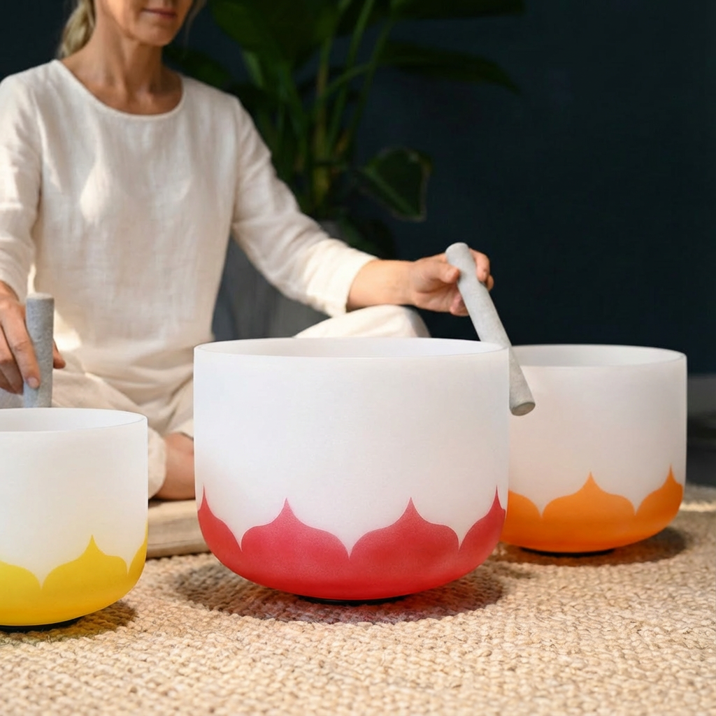 Lotus Frosted Quartz Crystal Klangschalen-Set – Chakra Harmony