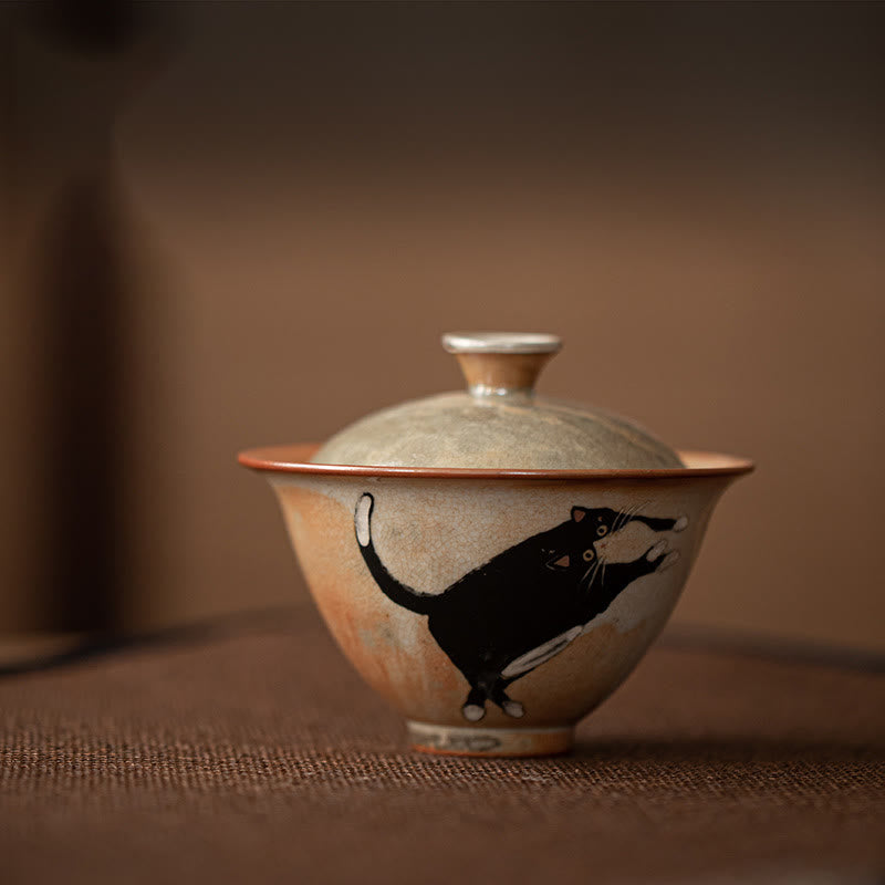 Keramik-Gaiwan-Teetasse mit Deckel, Katzenmotiv, 130 ml, für Teerituale