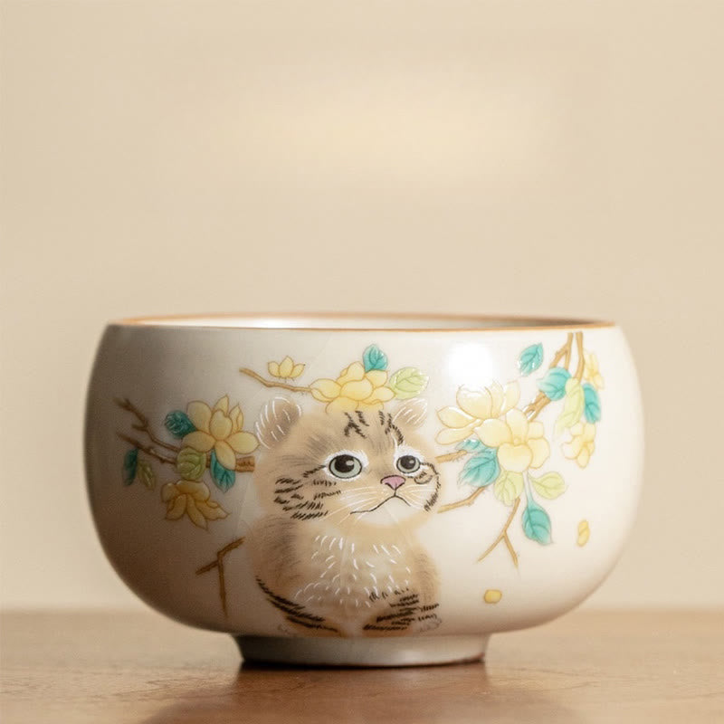 Keramik-Kung-Fu-Teetassen mit Katze und Kaninchen für Zen-Dekor