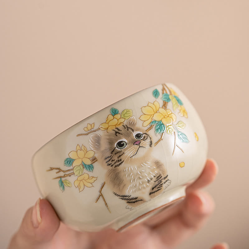 Keramik-Kung-Fu-Teetassen mit Katze und Kaninchen für Zen-Dekor