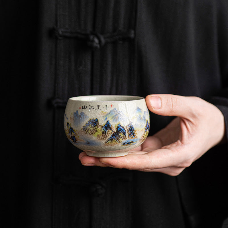 Keramik-Kung-Fu-Teetasse 150 ml | Panorama von Flüssen und Bergen