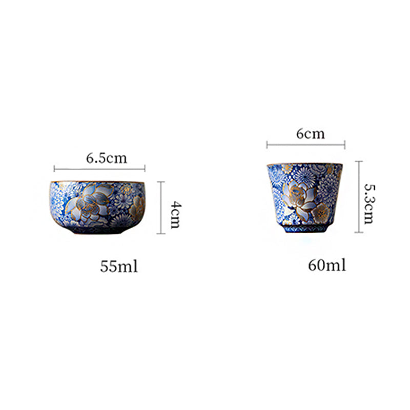 Teetassen-Set aus Keramik mit Lotus-Chrysanthemenmotiv und Teekanne, 140 ml