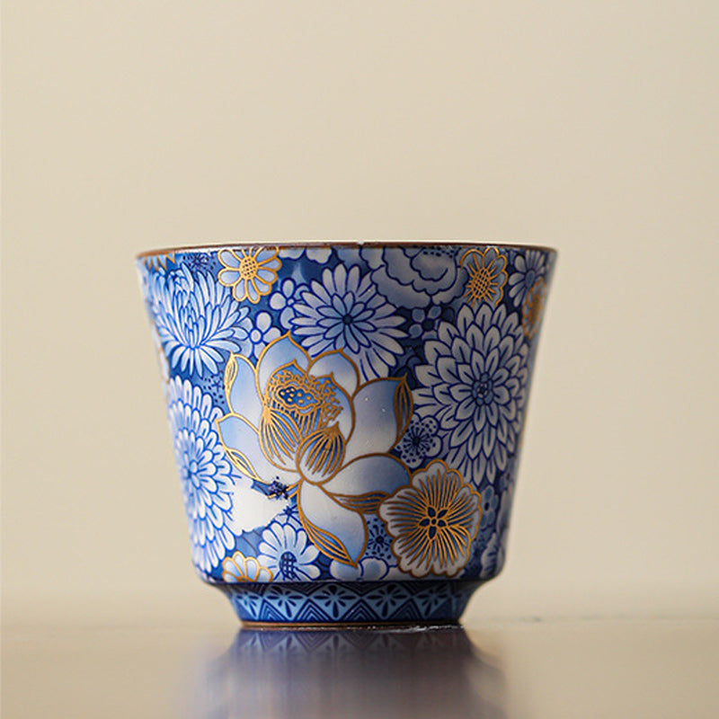 Teetassen-Set aus Keramik mit Lotus-Chrysanthemenmotiv und Teekanne, 140 ml