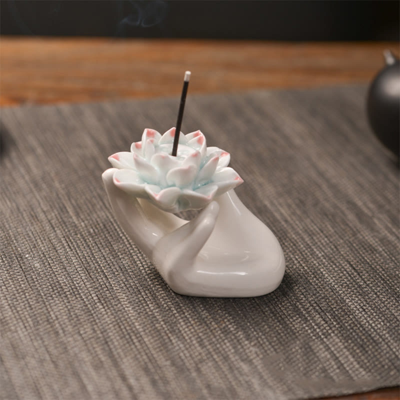 Räuchergefäß aus Keramik mit Lotushand-Meditation, 8 x 6 cm