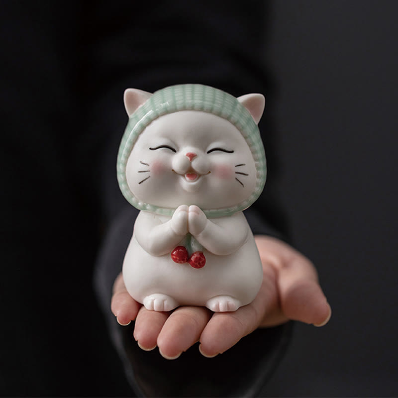 Keramikfigur „Glückskatze“, 15,2 cm, Zen-Dekor für positive Energie