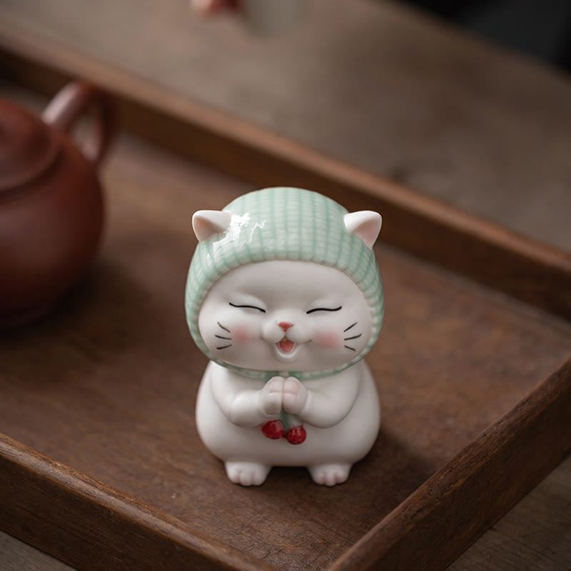 Keramikfigur „Glückskatze“, 15,2 cm, Zen-Dekor für positive Energie
