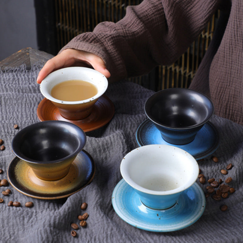 Kaffeetasse mit Untertasse aus Keramik im Planetendesign – Grobe Keramik