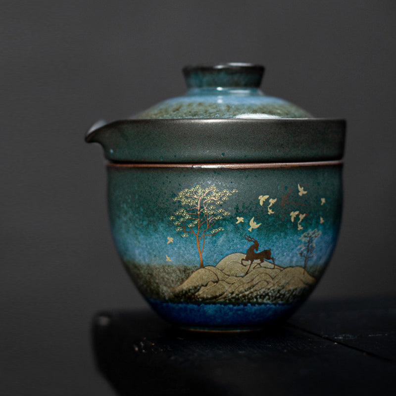 Keramik-Teetasse mit Hirsch- und Katzen-Design für spirituelle Gelassenheit