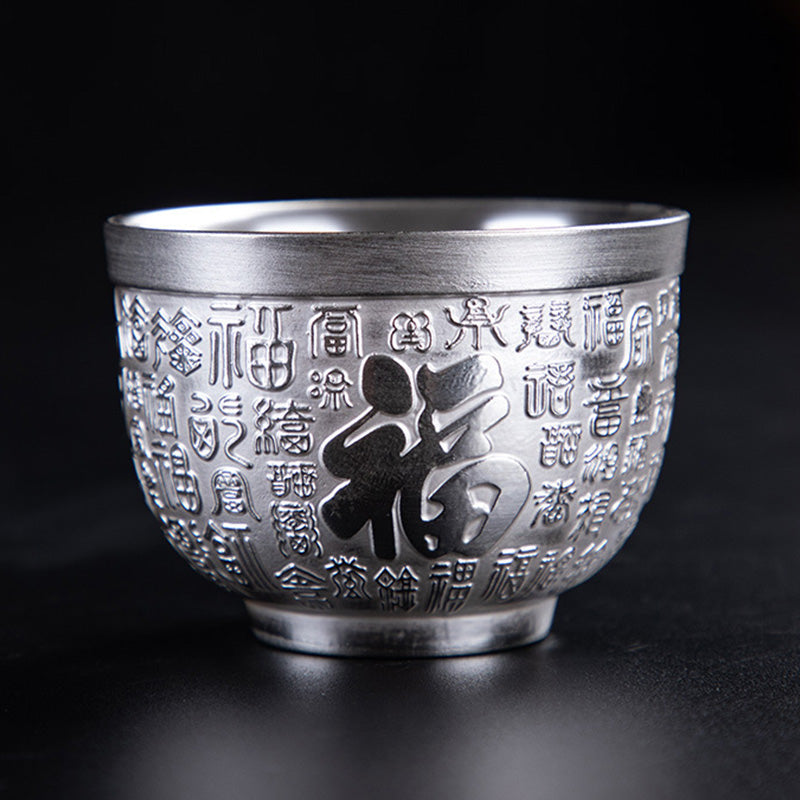 Keramik-Teetasse mit Drachen-Phönix- und Fu-Charakterkunst – Zen-Dekor