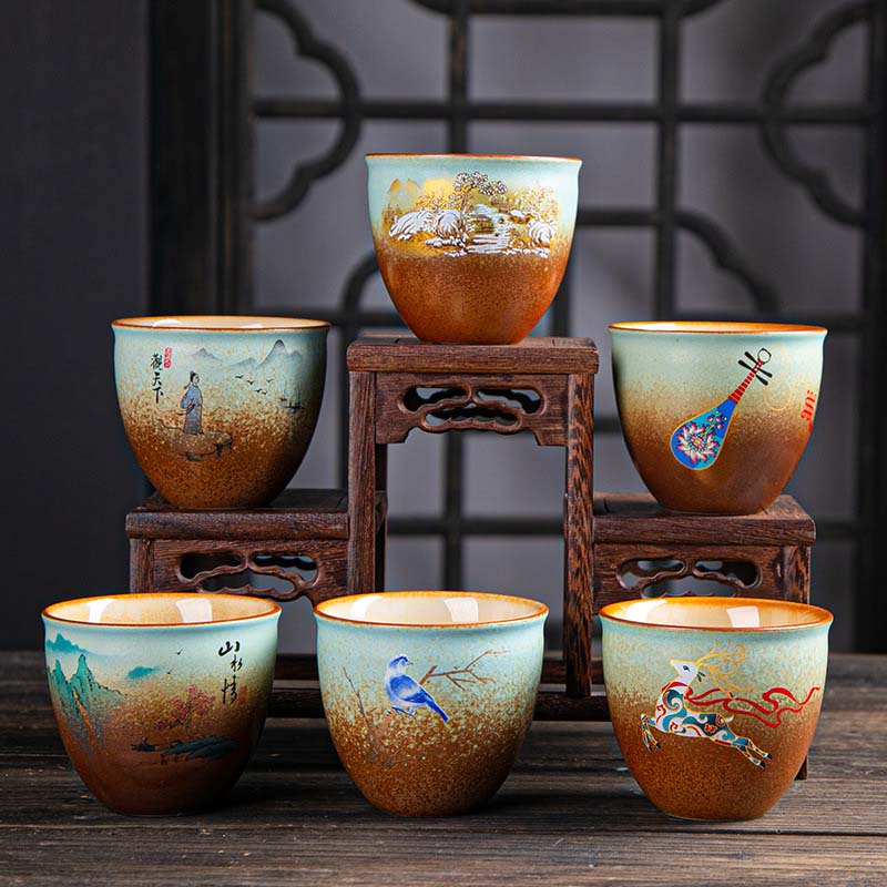 Zen-Teetasse aus Keramik mit Hirsch- und Bergmotiven, 150 ml