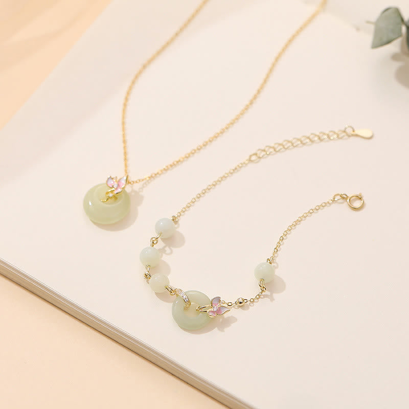 Hetian Jade Peace Buckle Bracelet & Necklace Set - 925 Silver