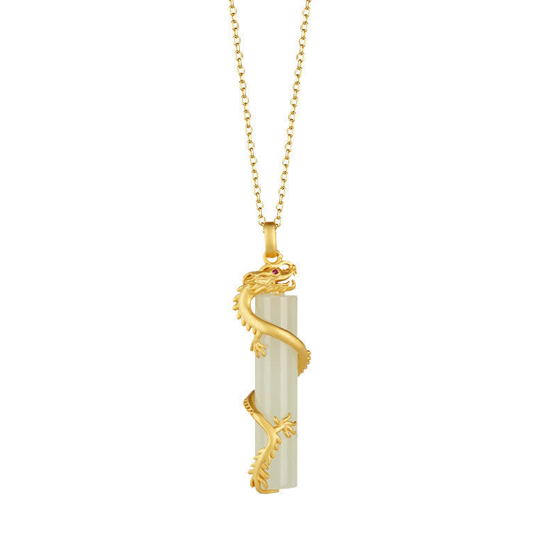 White Jade Copper Dragon Pendant Necklace for Protection