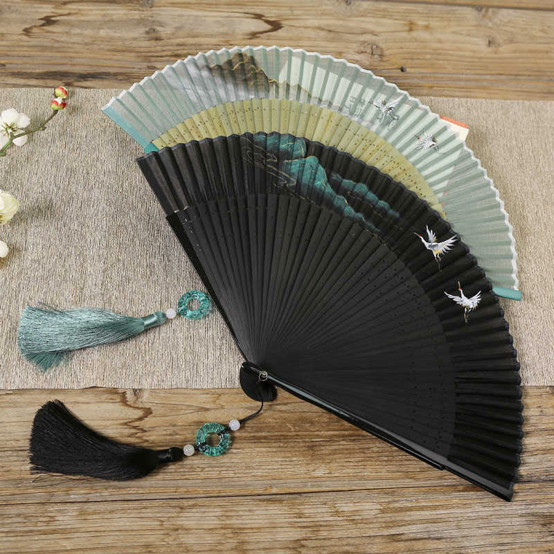 Chinesischer Faltfächer aus Seide und Bambus, 22,5 cm, Retro-Kranich