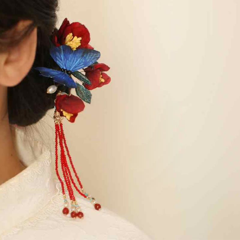 Chinesische Haarnadel | Rote Blume & Blauer Schmetterling