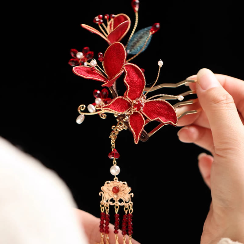 Chinesische Haarnadel Rote Blume Schmetterling Quaste Kamm