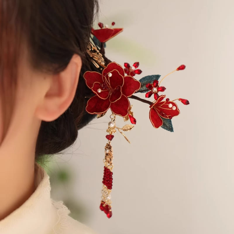 Chinesische Haarnadel Rote Blume Schmetterling Quaste Kamm