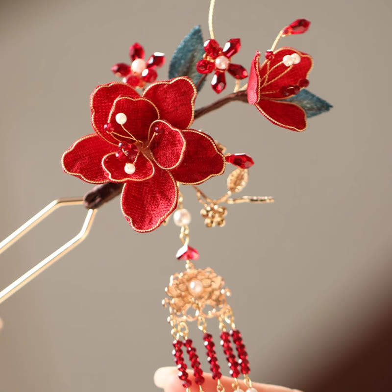 Chinesische Haarnadel Rote Blume Schmetterling Quaste Kamm