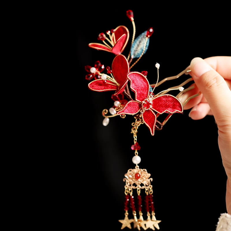 Chinesische Haarnadel Rote Blume Schmetterling Quaste Kamm