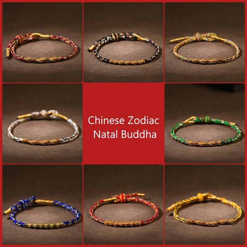 Chinesisches Sternzeichen-Buddha-Armband, geflochten, 14–17 cm, Schutz, Glück