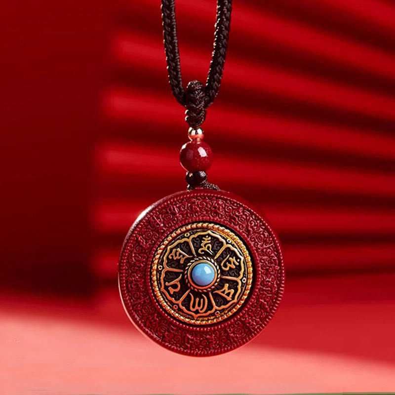 Halskette Om Mani Padme Hum aus Zinnober mit Yin-Yang-Anhänger