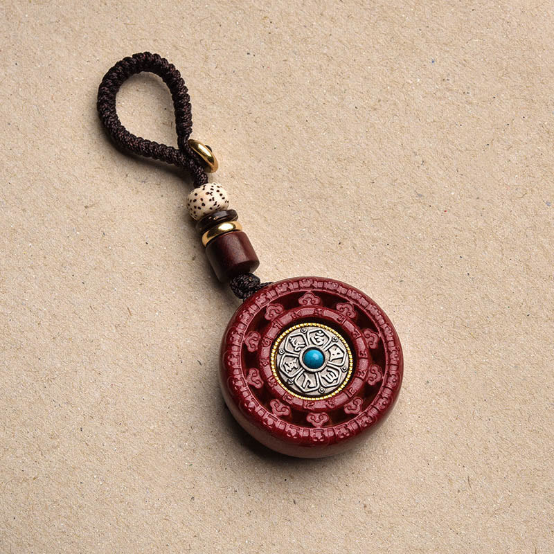 Zinnoberrote Halskette mit drehbarem Anhänger „Om Mani Padme Hum“ und Schlüsselanhänger